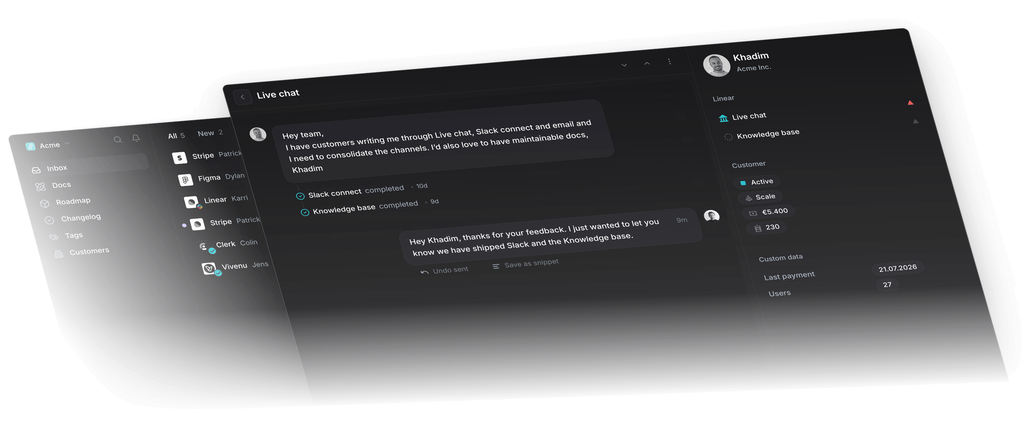 Productlane inbox with live chat conversation, thread list, and customer sidebar